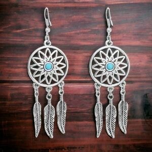 DreamCatcher Boho Feather Dangle Earrings Pierced Native American Aztec Western
